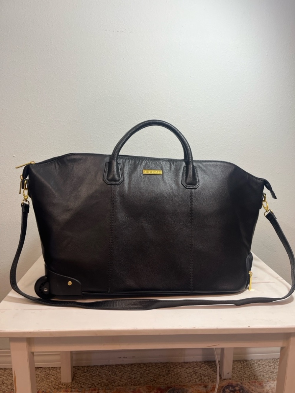 Joy & Iman Black Leather Rolling Weekender Travel Bag XL NWoT gold hardware